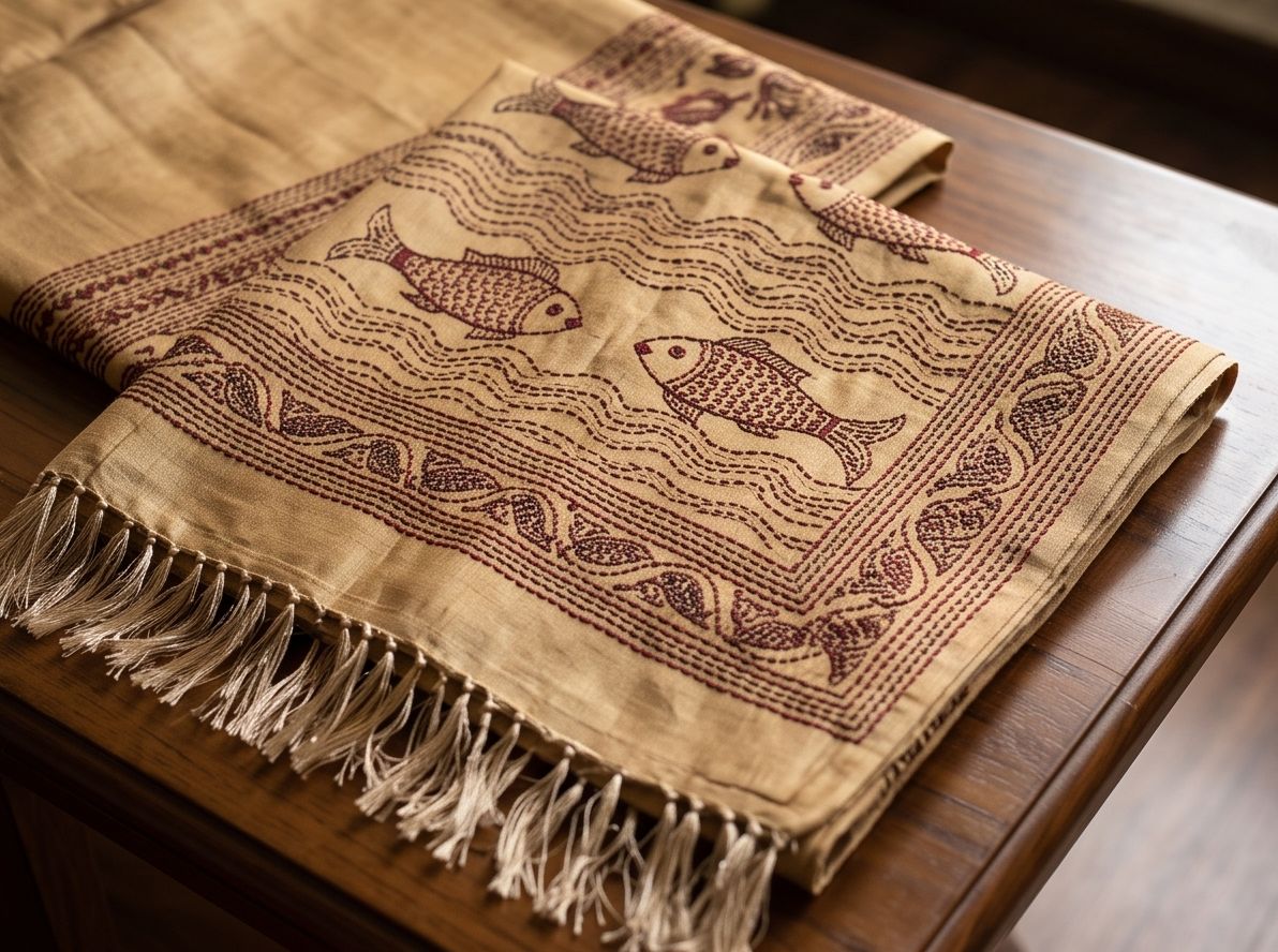 Matsya design: fish among stitched waves