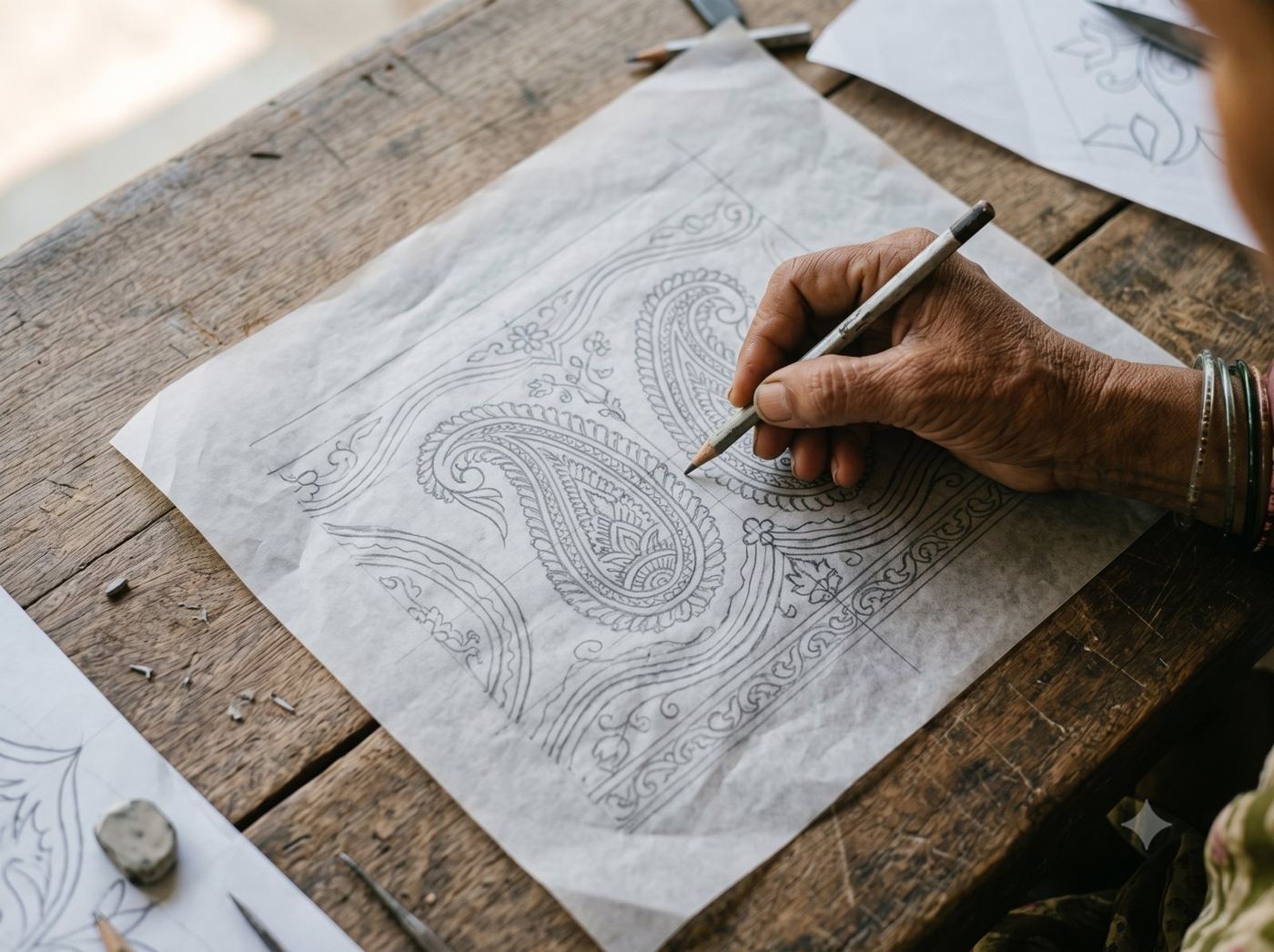 A design drawn in pencil on tracing paper