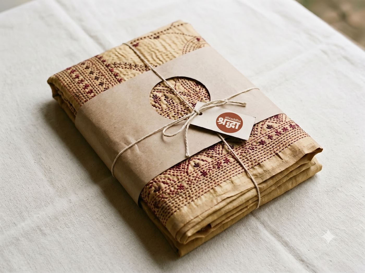 A folded saree in its kraft paper wrapping